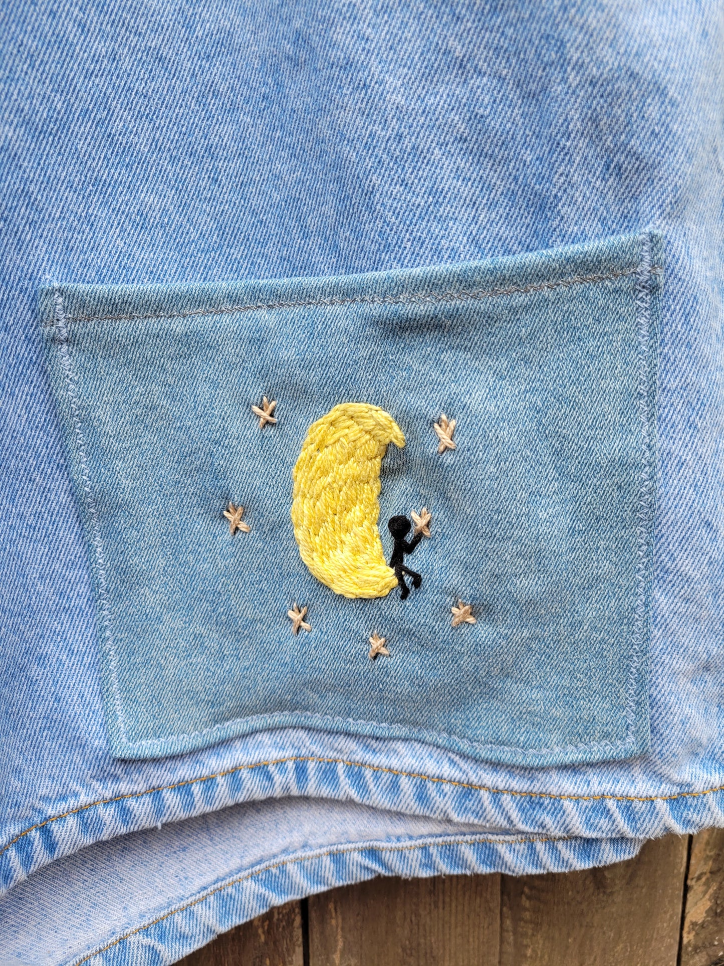 Man in the Moon 🌙  - Embroidered Denim Shorts