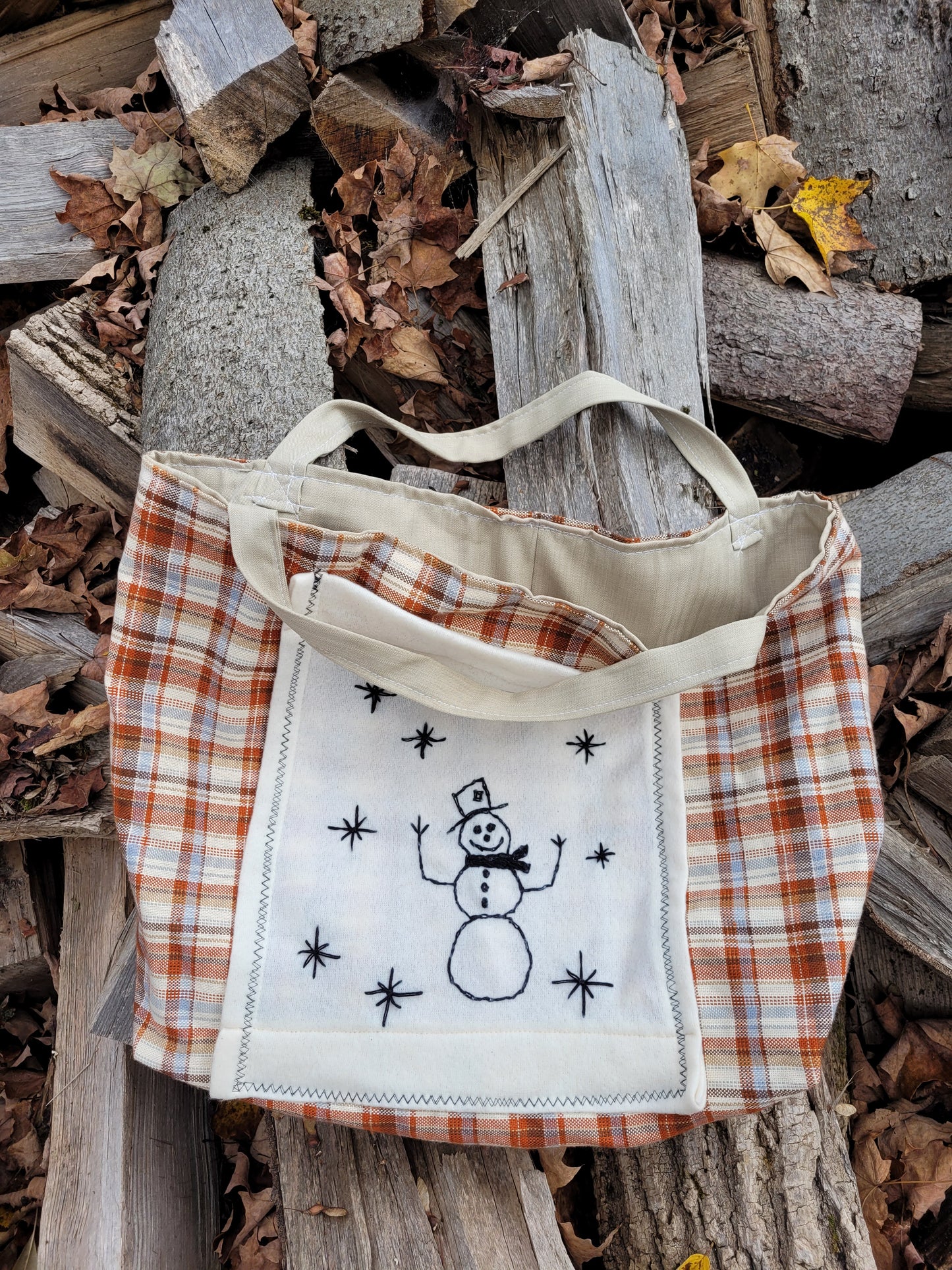 Snowman Plaid Bag - Hand-Embroidered ☃️