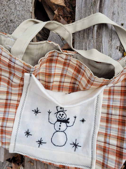 Snowman Plaid Bag - Hand-Embroidered ☃️
